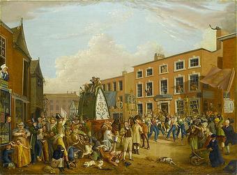 unknow artist Oil on canvas painting depicting the ancient custom of rushbearing on Long Millgate in Manchester in 1821